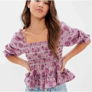 American Eagle NWT Purple Floral Smocked Babydoll Top Size Medium